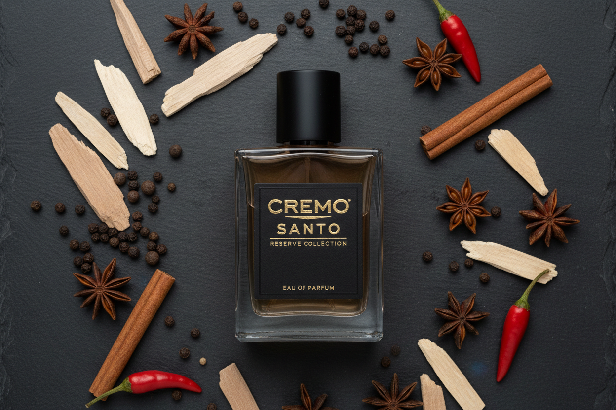 Cremo Santo Reserve Collection Cologne flat lay with spices